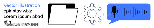 Information storage, technology management, voice input, IT solutions, digital tools, communication. Folder, gear speech bubble with microphone and sound wave. Technology management and voice input