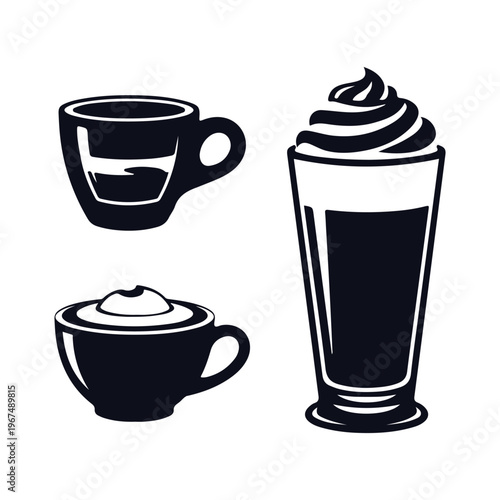 Three different coffee drinks in silhouette style.