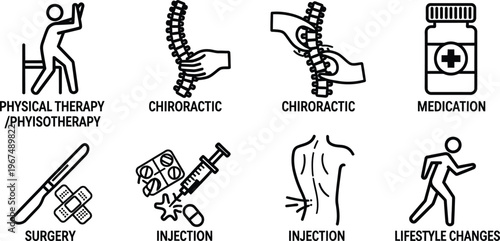 Medical treatment options for back pain and health care icons including physical therapy chiropractic medication surgery and lifestyle changes