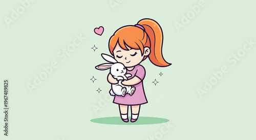 Cute Girl Hugging Adorable Bunny Rabbit with Love Heart.