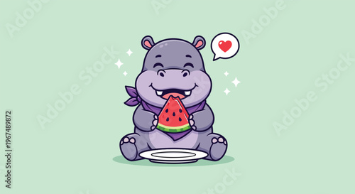 Cute Hippo Eating Watermelon with a Happy Expression.