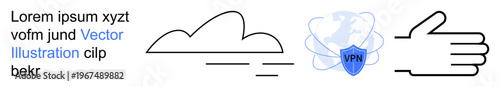 Cloud computing, data protection, internet security, VPN services, privacy assurance, online safety. Cloud, VPN shield hand icon. Cloud computing and data protection