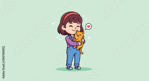Cute little girl happily embracing her beloved pet cat.