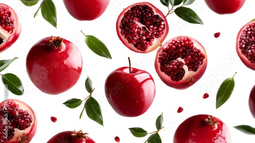 Fresh Fruits in Red Color Arranged on a Clean White Surface With Green Leaves