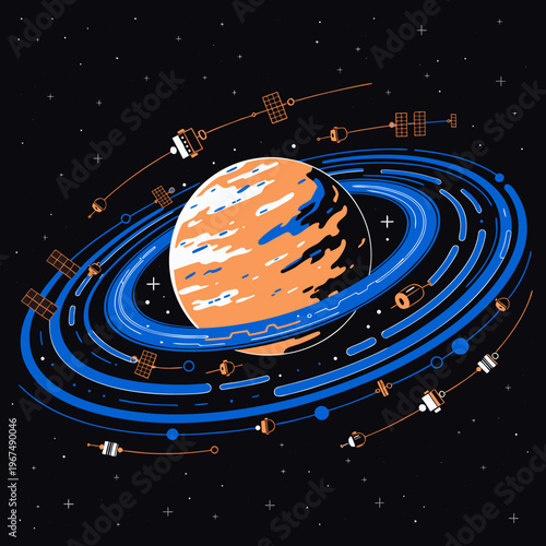Vector illustration of a planet with rings and orbiting satellites in deep space