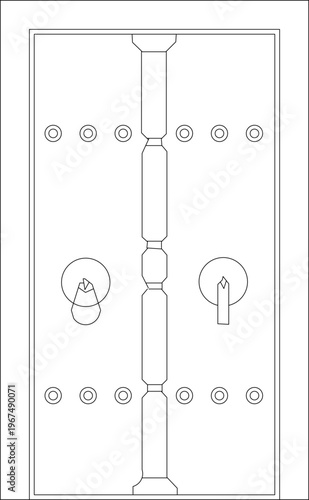 Technical architectural drawing showing a traditional door panel design with a central vertical decorative column, circular studs and ornamental door hardware.