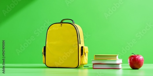 Bright Yellow Backpack With Books and Apple on Green Table Background