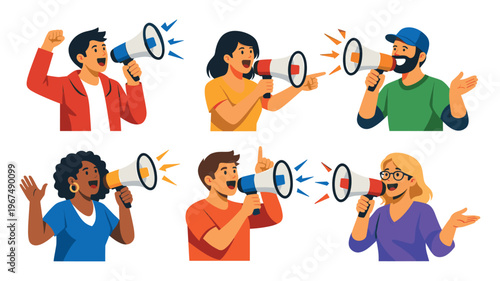 Group of diverse men and women actively communicating with megaphones, engaging in public speaking, protests, and announcements