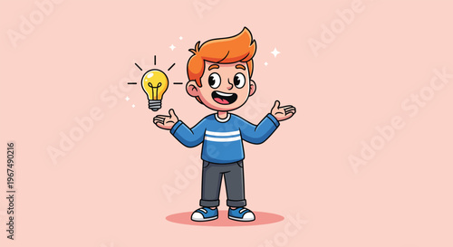 Happy Boy with Idea Lightbulb Illustration.