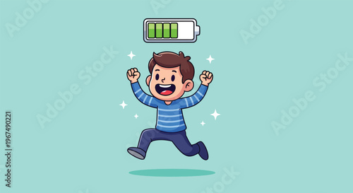 Happy Boy with Full Battery Icon Above Head Vector Illustration.