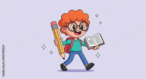 Happy Boy with Pencil and Book Back to School Illustration.