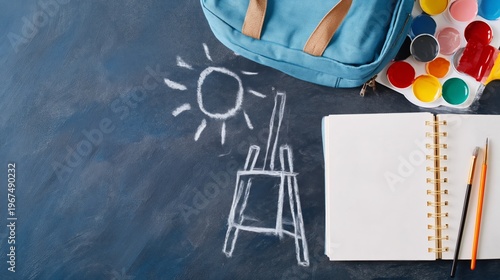Creative Activity Setup With School Bag, Easel Drawing, and Art Supplies on a...