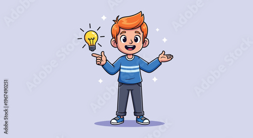 Happy cartoon boy having a brilliant idea with a light bulb.