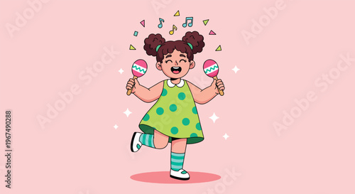 Happy little girl playing maracas and dancing with musical notes Vector.