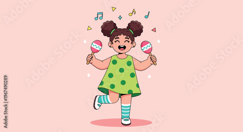 Happy little girl playing maracas and dancing with musical notes Vector Illustration.