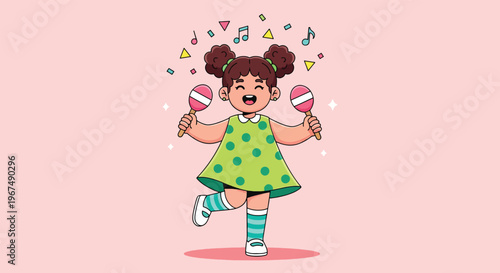 Happy little girl playing maracas and dancing with musical notes.