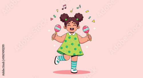 Happy little girl playing maracas and dancing with musical notes around her.