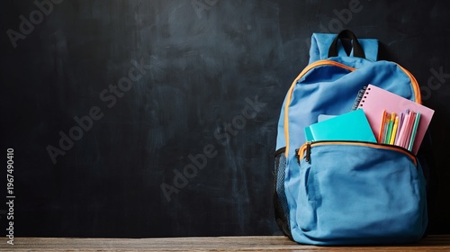 Backpack and Stationary on a Wooden Table Against a Black Wall in a Classroom...