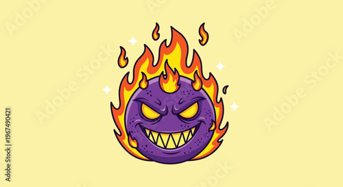 Purple Monster with Fiery Aura Cartoon Illustration.