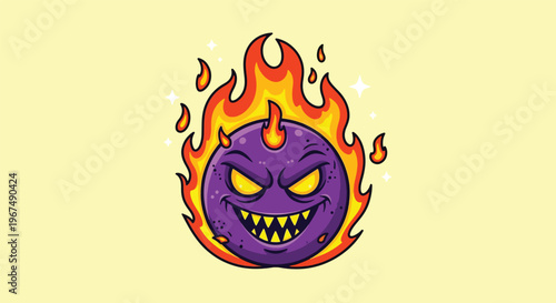 Purple monster with sharp teeth and horns engulfed in flames.