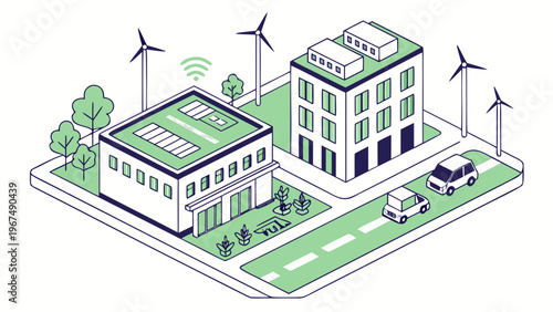 Modern isometric illustration of eco friendly smart city buildings with solar panels wind turbines electric vehicles and green infrastructure