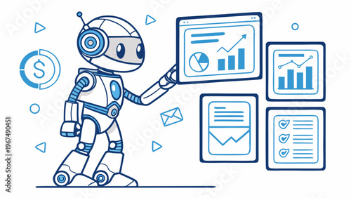 Cute robot analyzing business charts and financial data on digital screens, representing automation, artificial intelligence and data analytics