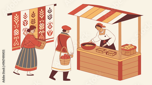 Flat illustration of traditional market scene with people in folk clothing buying bread at a local bakery stall