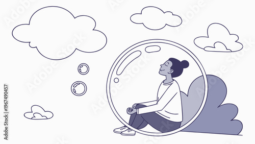 Dreamy illustration of a person sitting inside a transparent bubble, surrounded by clouds, symbolizing imagination, isolation, calmness and inner world exploration