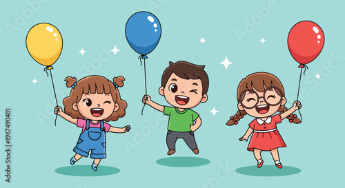 Three happy children holding colorful balloons and smiling cheerfully.