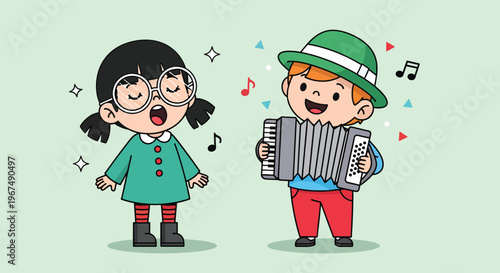 Two cartoon children singing and playing accordion together.