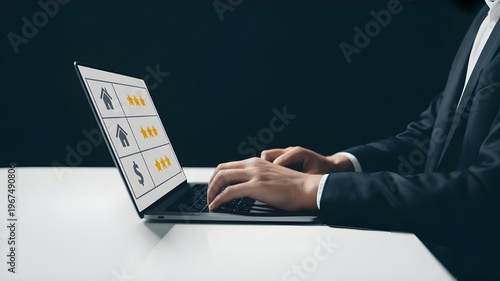 Business Professional Typing Laptop With Online Property And Finance Star Ratings For Customer Reviews