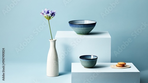 Vases and Flowers on a Blue Background Creating a Simple Arrangement in a Bri...
