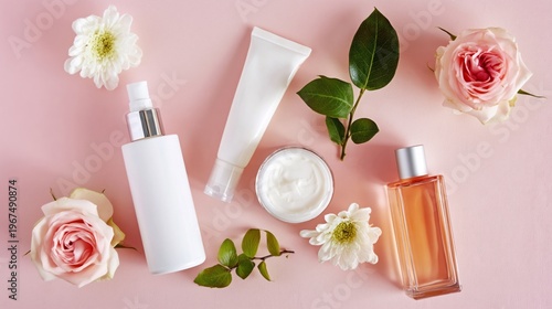 Clear Bottle With Liquid Next to a Towel and Flowers on a Soft Background in ...