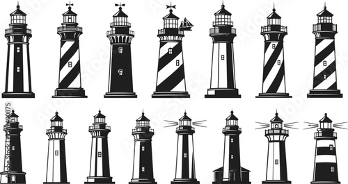 Collection of Vintage Lighthouses in Various Designs with Stripes, Lights, and Architectural Styles