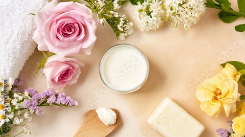 Beauty Products and Flowers Arranged on a Light Background for a Spa Day or S...