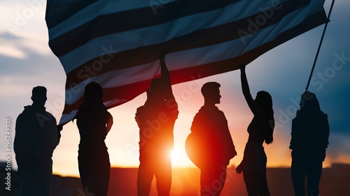 People Raise Hands in Front of American Flag During Public Gathering in the E...