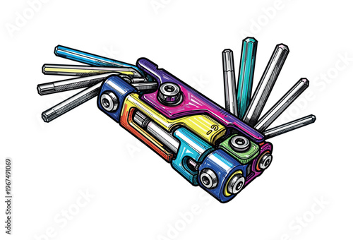 Colorful multi-tool with various hex keys and Torx bits for bicycle repair