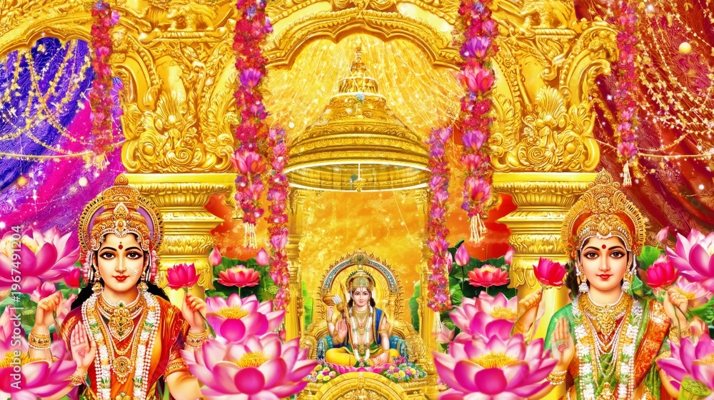 Fototapeta premium Celebrating a Colorful Festival With Hindu Deities in a Vibrant Scene