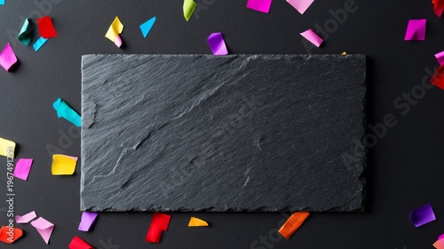 Colorful Confetti Surrounds a Dark Surface Ready for a Celebration or Event