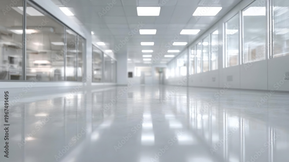 Obraz premium Long, empty corridor in a modern office or laboratory. the floor is made of white tiles and the walls are made of glass panels.