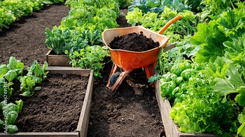 Gardening at Sunset With a Wheelbarrow in a Backyard Vegetable Garden Setting