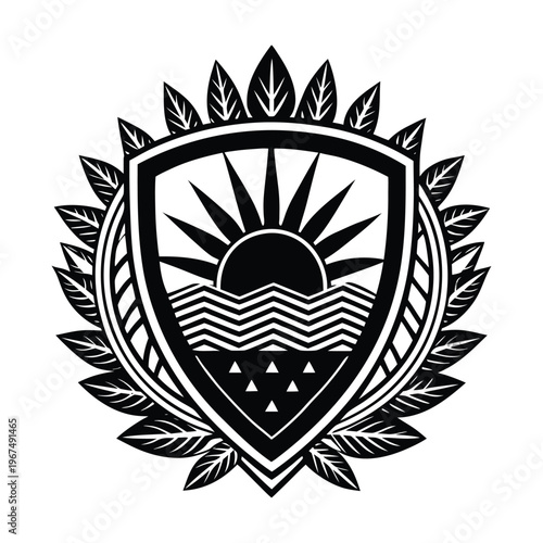 Tableau sur toile Shield, sun, leafy wreath, black and white vector emblem, logo, icon, badge