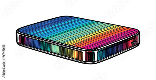 Colorful portable external hard drive with rainbow stripes on white background
