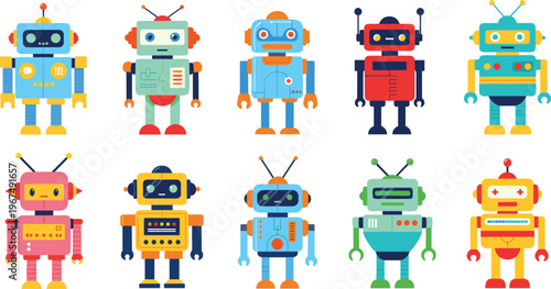 Colorful Retro Robot Illustration Set with Various Designs for Kids, Technology, and Playful Concepts