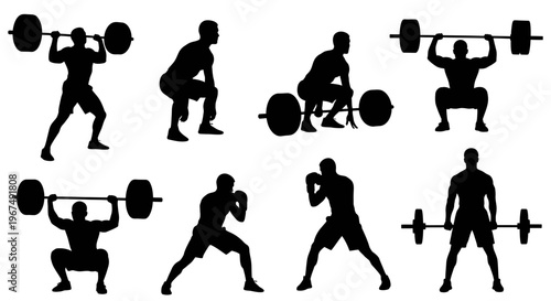 Dynamic Silhouettes of Weightlifters and Boxers in Various Poses Showcasing Strength and Athleticism.
