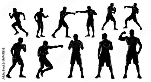 Dynamic Silhouettes of Boxers in Various Action Poses.