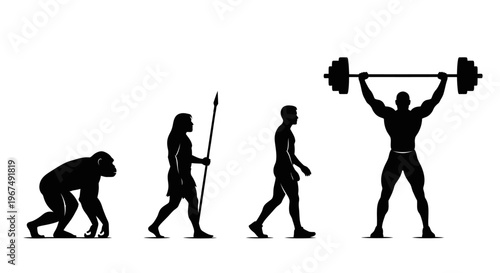 Evolution of man to bodybuilder lifting weights, black silhouettes on white background.