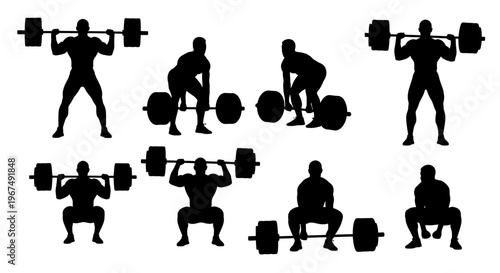 Weightlifting silhouettes demonstrating various stages of a lift.