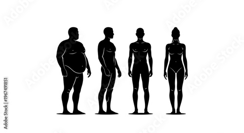 Human body types comparison showing different male and female silhouettes.