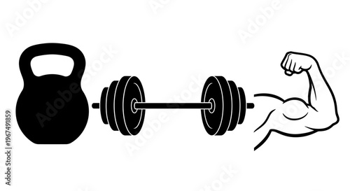Kettlebell, dumbbell, and muscular arm representing strength and fitness.